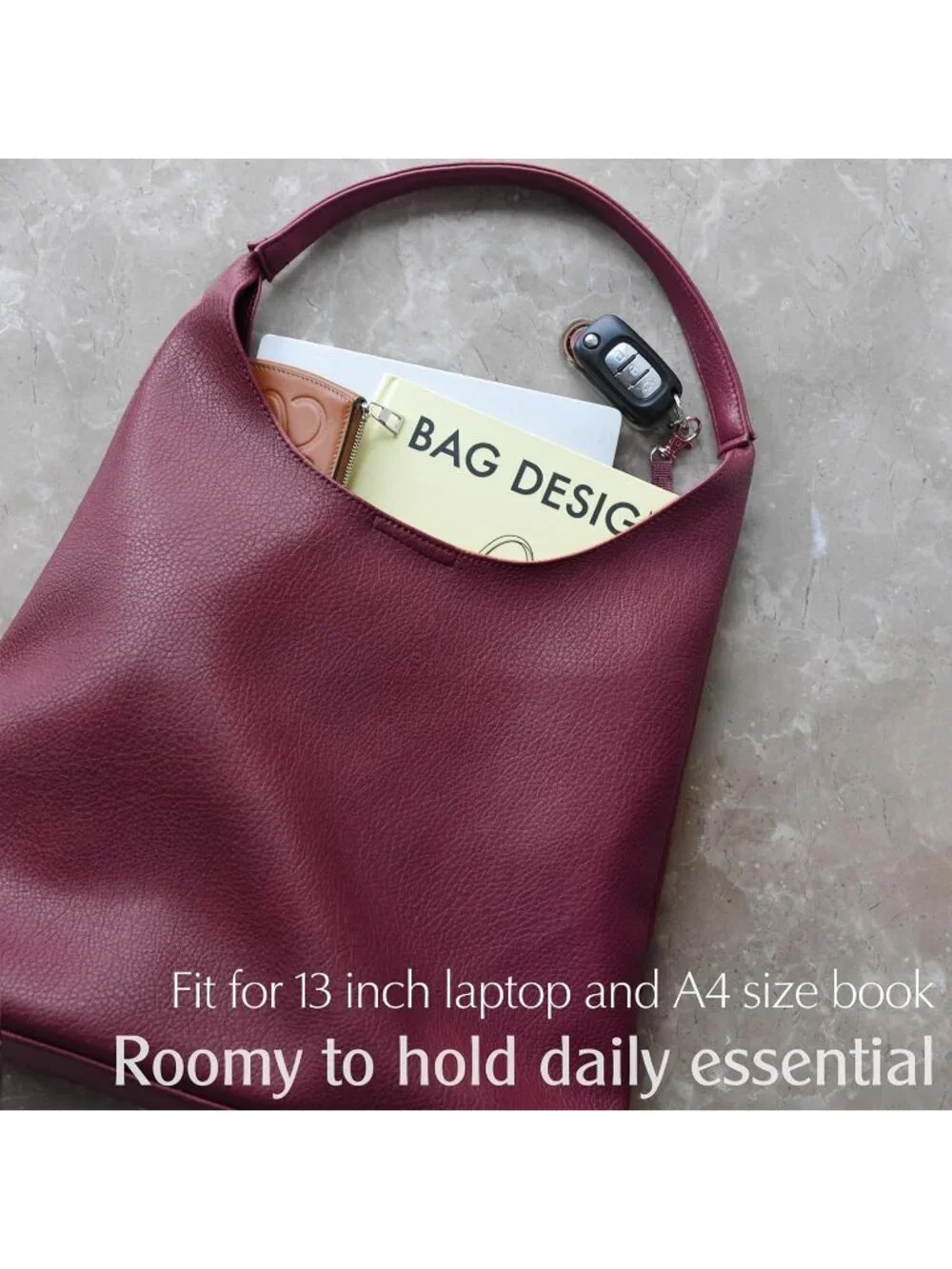 Women's Dark Red Soft Vegan Leather Hobo Shoulder Bag Slouchy Tote Purse